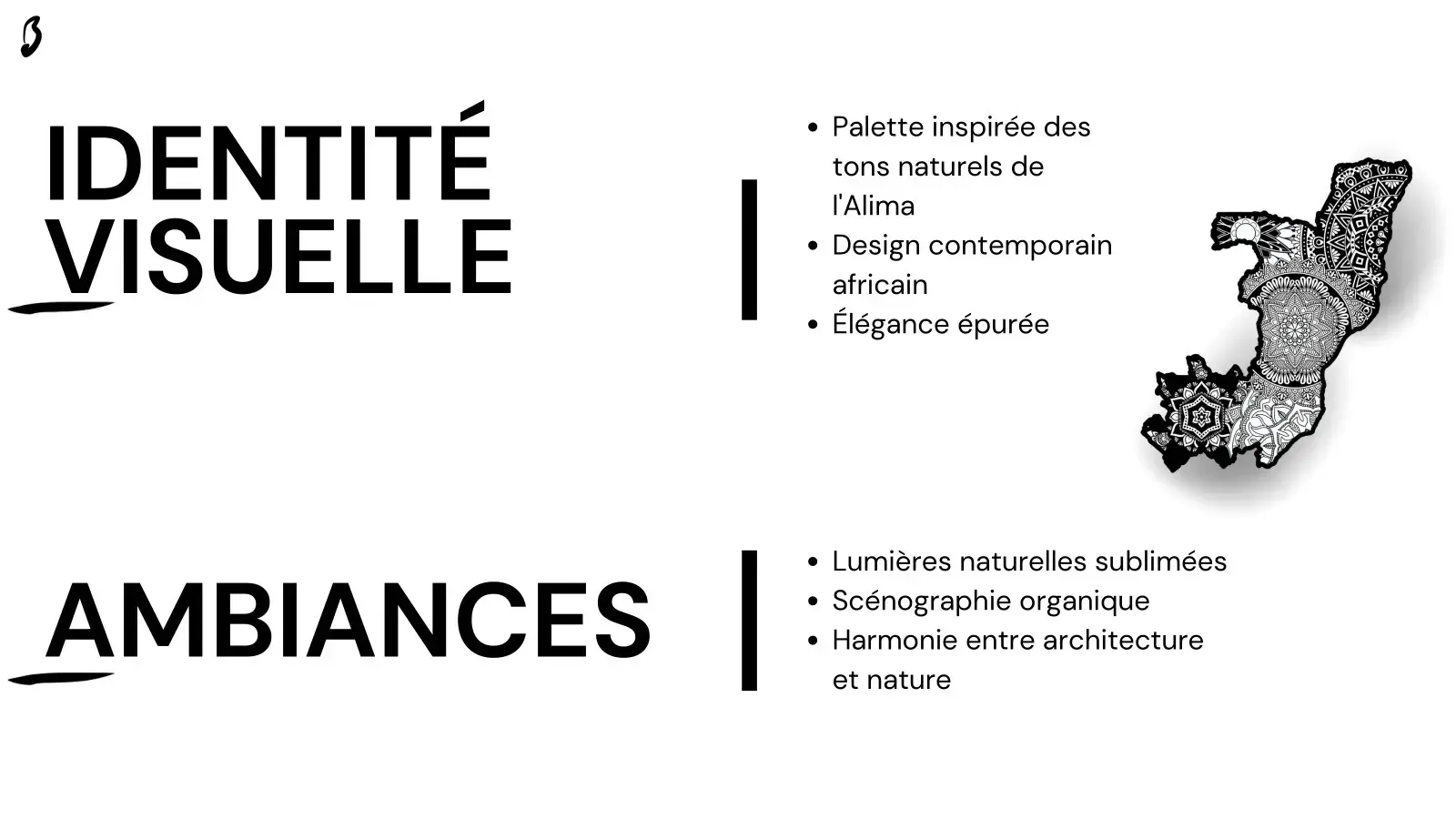 « Identité visuelle » et « Ambiances » : palette inspirée de l'Alima, design contemporain africain, à côté d'une carte du Congo aux motifs mandala.