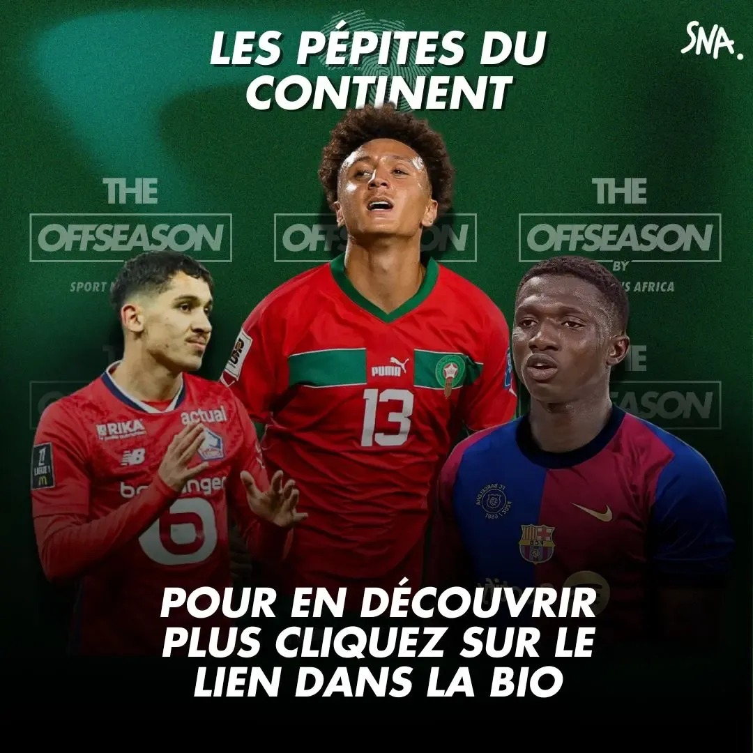 Visuel « Les pépites du continent » réunissant trois jeunes footballeurs africains, avec appel à cliquer le lien en bio, format The Offseason.