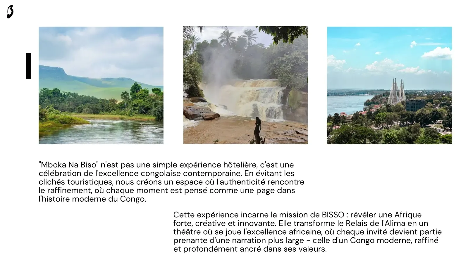 Rivière, cascade et pont suspendu accompagnent un texte définissant Mboka Na Biso comme célébration de l'excellence congolaise au Relais de l'Alima.