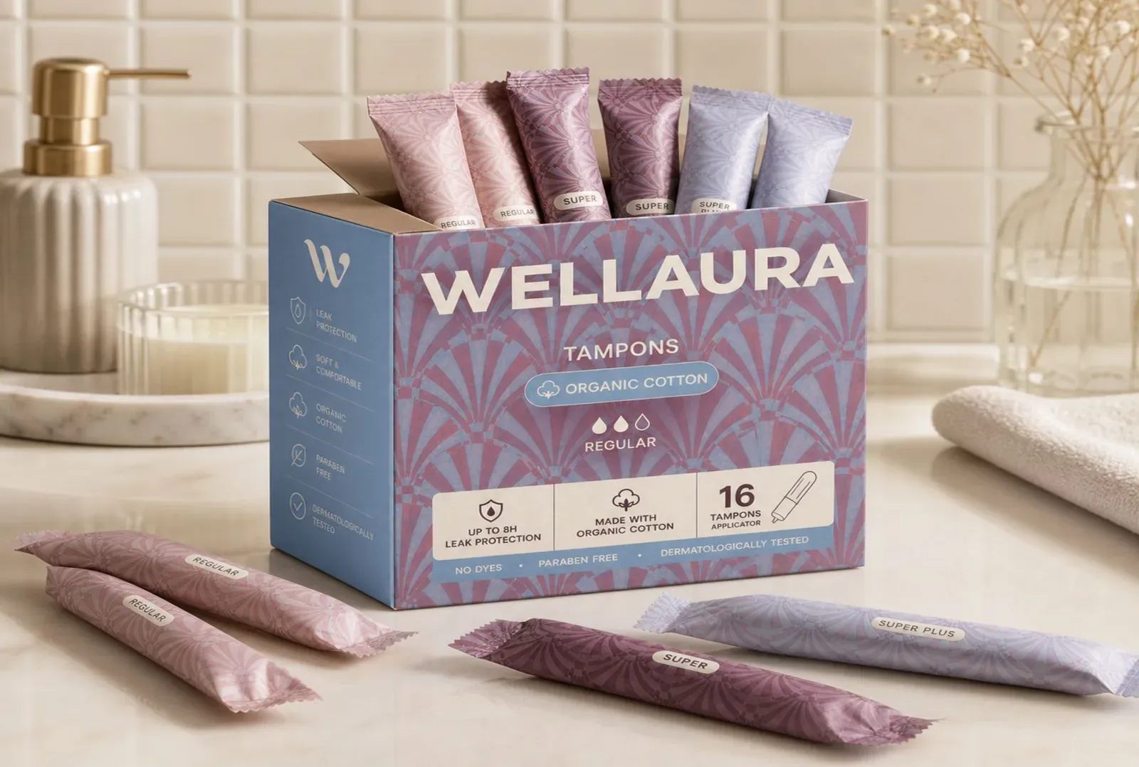 La boîte « Wellaura Tampons Organic Cotton » ouverte, les applicateurs rangés à l'intérieur, quelques tampons posés devant sur le plan de toilette.