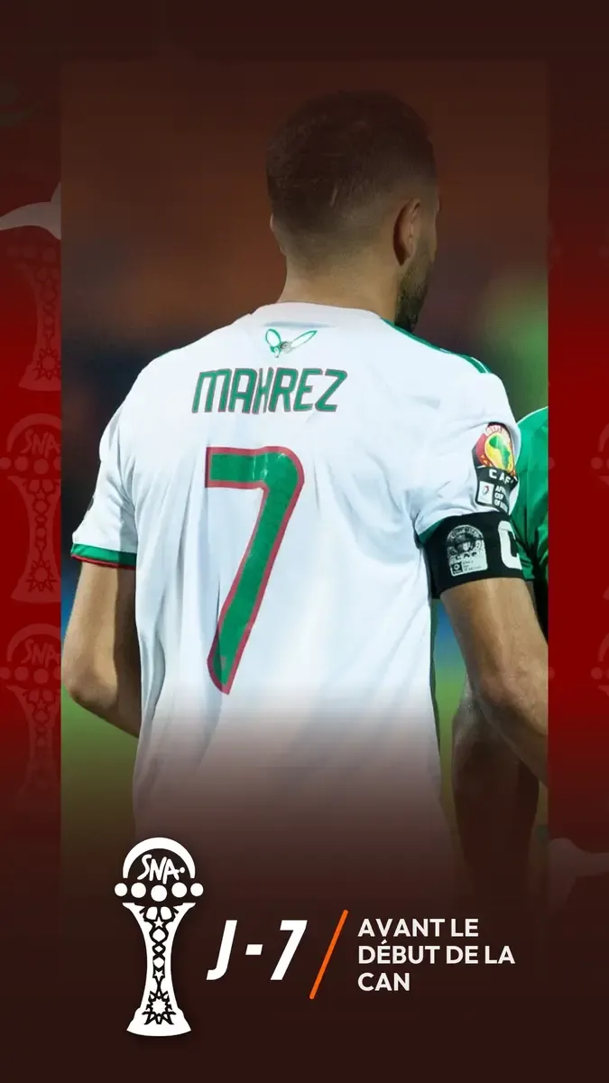 Template compte à rebours de la CAN, J-7 : joueur vu de dos en maillot blanc floqué Mahrez numéro 7, brassard de capitaine.