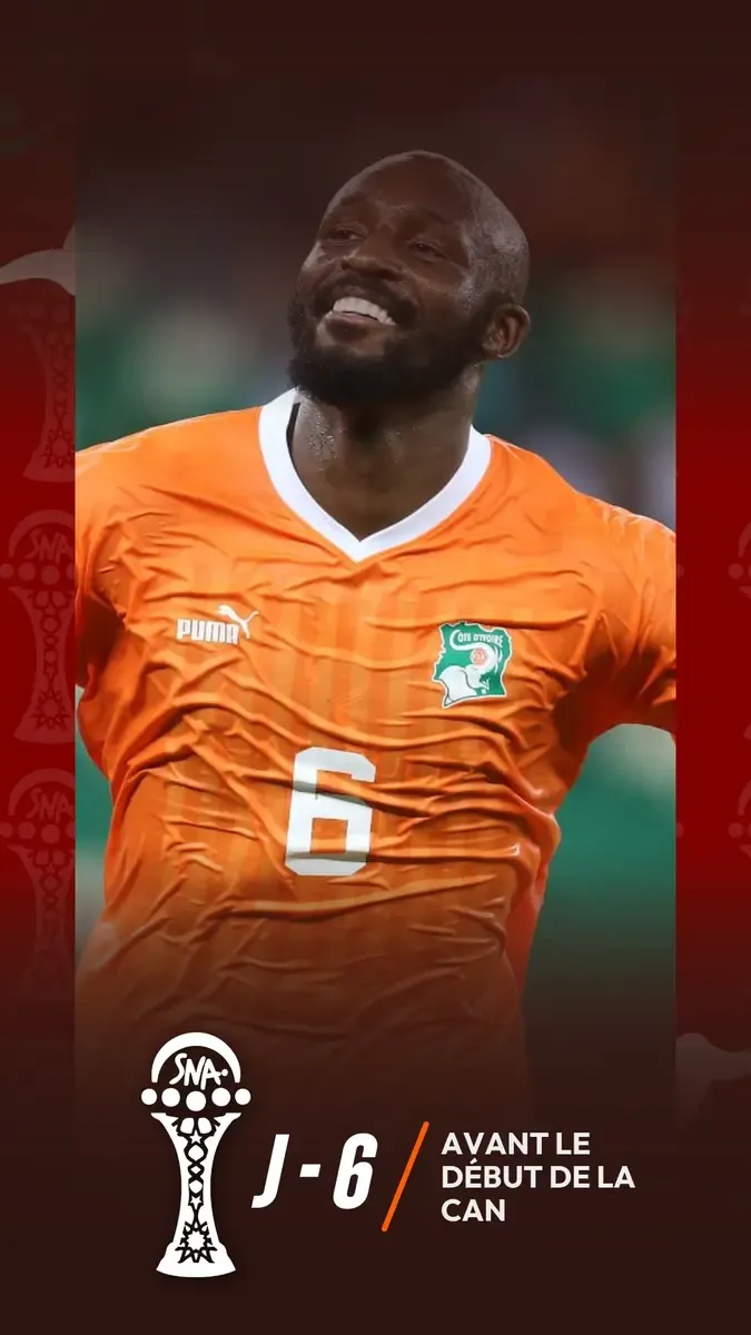 Template compte à rebours de la CAN, J-6 : joueur souriant en maillot orange de Côte d'Ivoire floqué numéro 6.