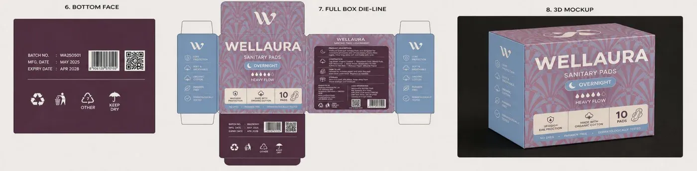 Le plan de fabrication du packaging : la face du dessous, la boîte dépliée à plat avec ses rabats et son motif imprimé, et le rendu de la boîte fermée en volume.