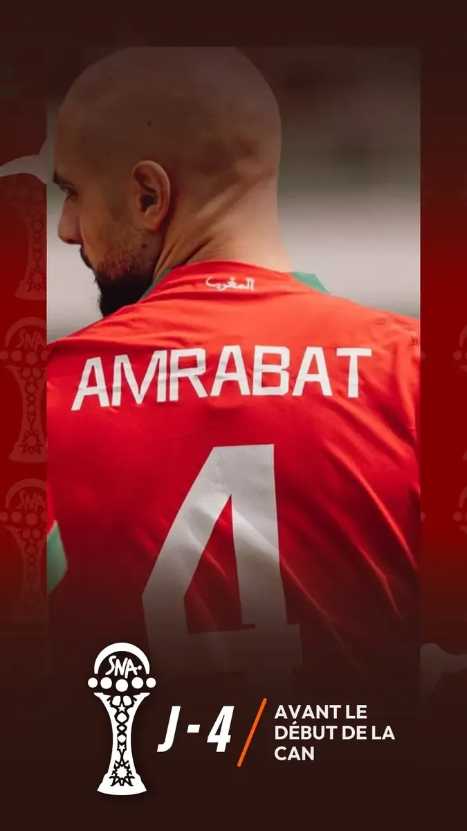 Template compte à rebours de la CAN, J-4 : joueur vu de dos en maillot rouge du Maroc floqué Amrabat numéro 4.
