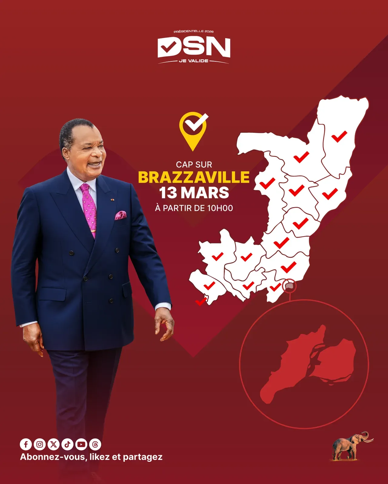 Création graphique annonçant « CAP SUR BRAZZAVILLE, 13 MARS, à partir de 10h00 », avec une carte du Congo.