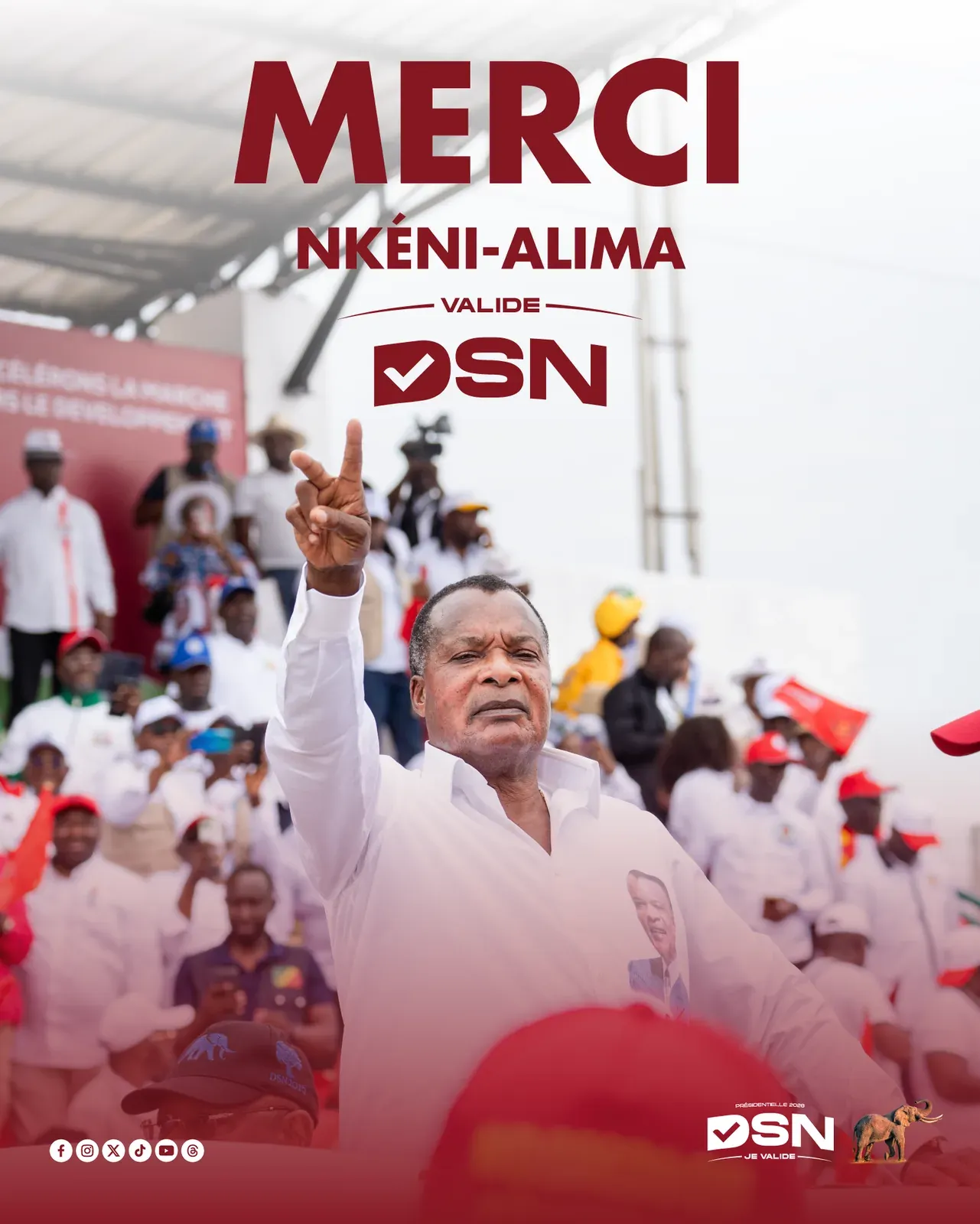 Création graphique portant la mention « MERCI NKÉNI-ALIMA », posée sur une photographie de meeting.