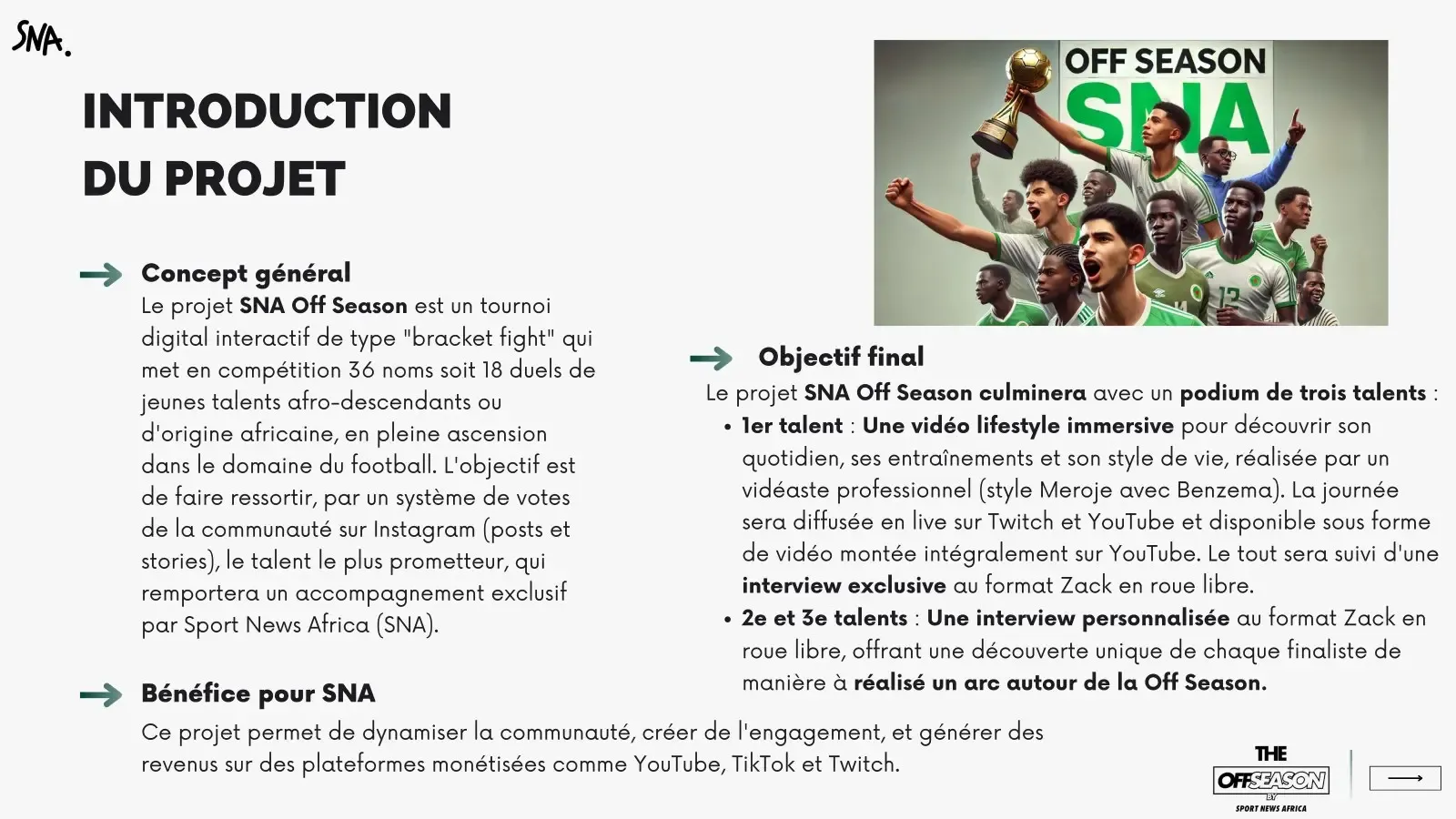 Introduction du projet : tournoi bracket fight réunissant 36 talents afro-descendants du football, joueurs et trophée en illustration.