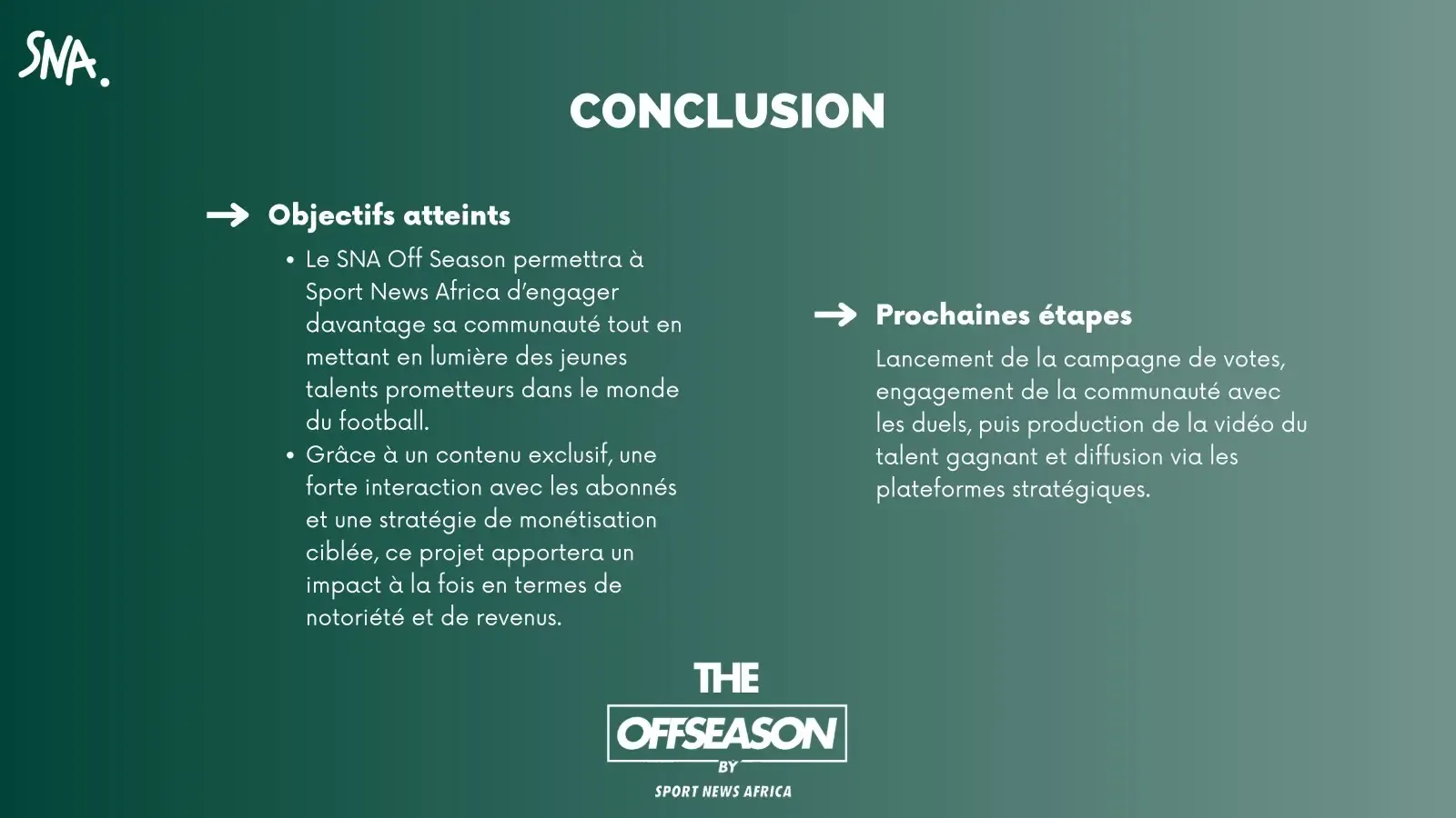 Conclusion : objectifs en engagement communautaire et notoriété, prochaines étapes détaillant le lancement des votes et la production de la vidéo du gagnant.