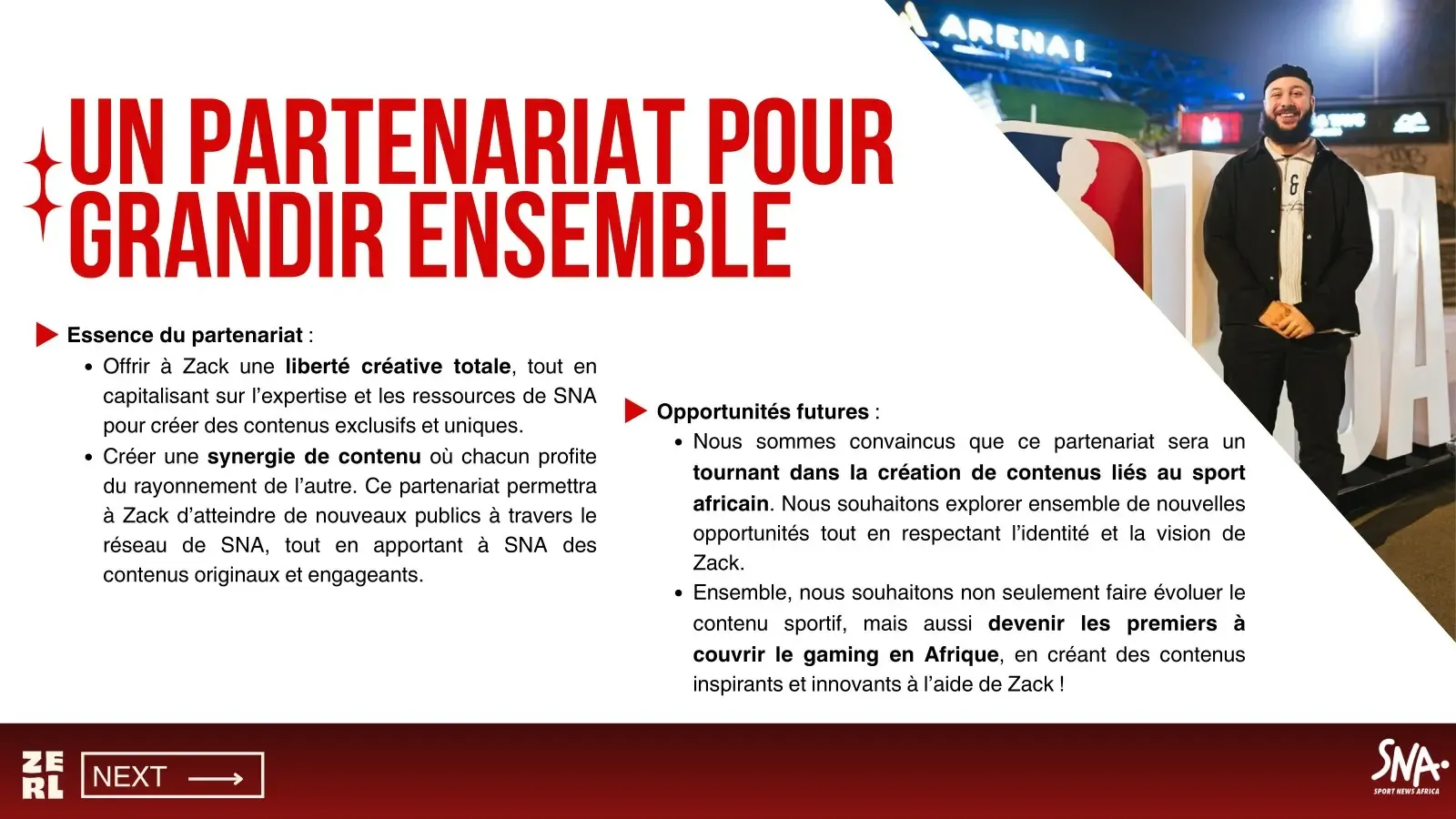 « Un partenariat pour grandir ensemble » : synergie de contenu et ambition de couvrir le gaming en Afrique, avec Zack Nani devant un totem SNA.